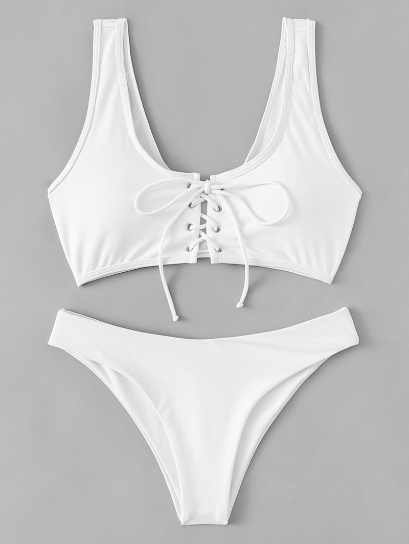 

Lace-Up Plain Bikini Set, White