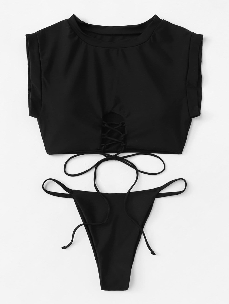 

Lace-Up Two Piece Swimwear, Black