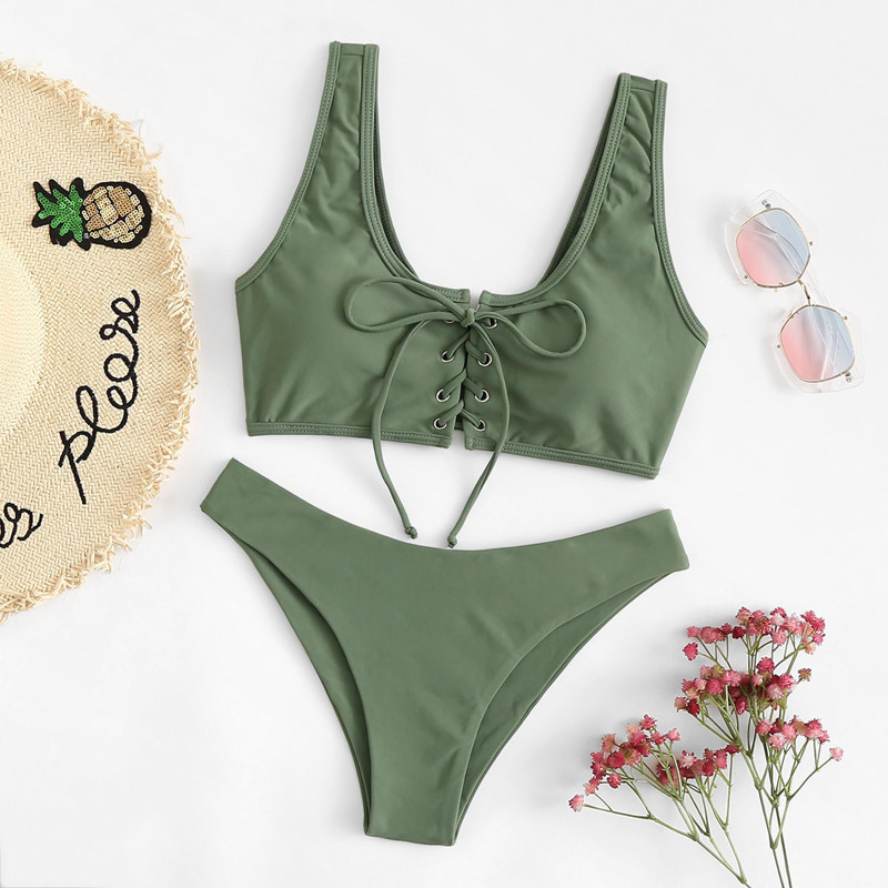 

Lace-Up Tank Top With High Leg Bikini Set, Army green