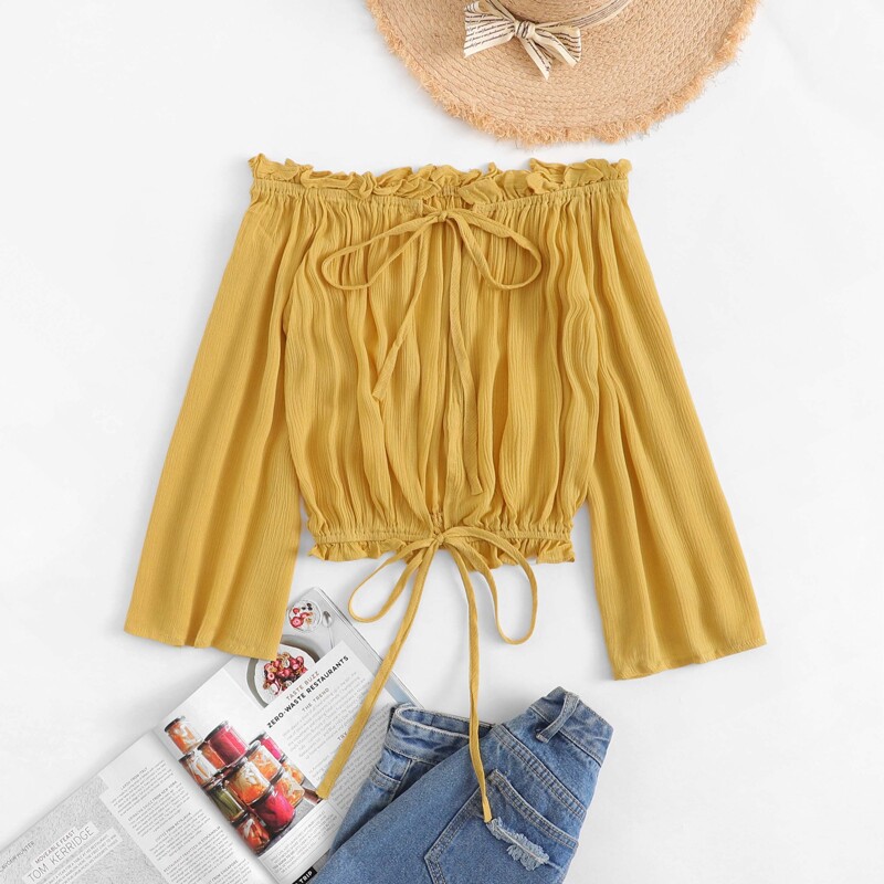 

Tie Detail Frill Trim Solid Blouse, Yellow