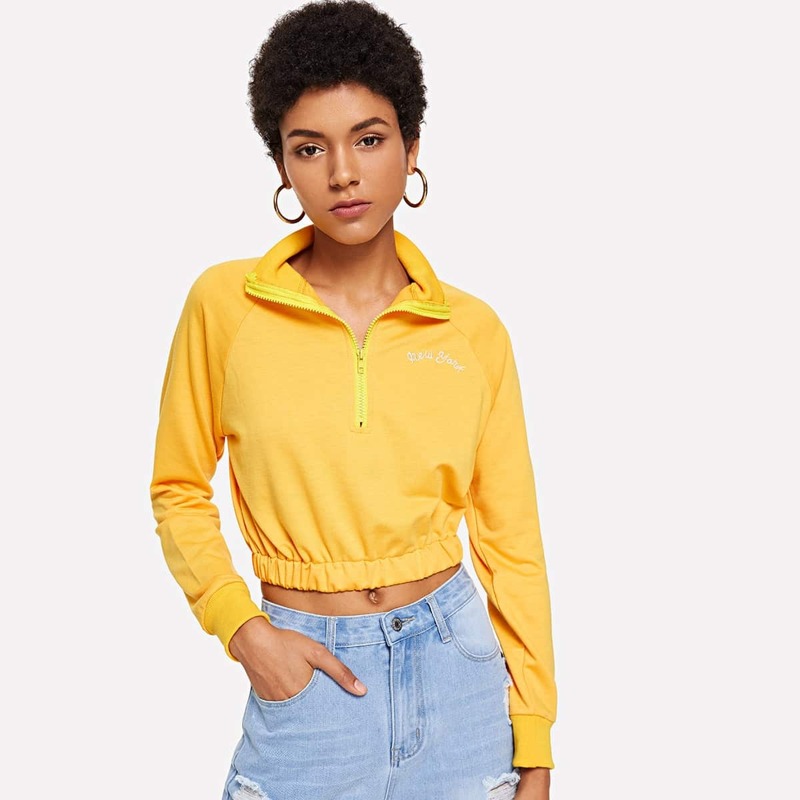 

Slogan Embroidered Zip Up Sweatshirt, Yellow
