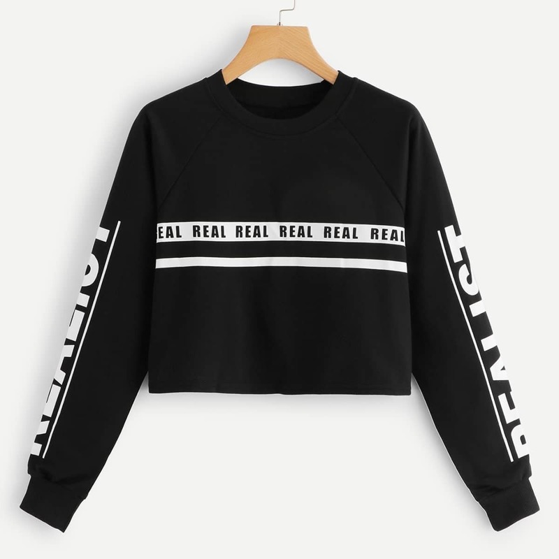 

Slogan Print Striped Sweatshirt, Black