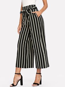 Self Tie Waist Striped Wide Leg Pants