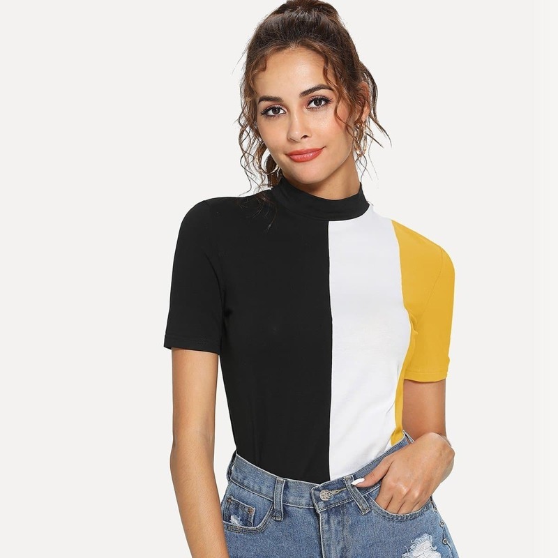 

Mock Neck Cut and Sew Tee, Multicolor