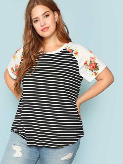Plus Contrast Raglan Sleeve Striped Tee pictures