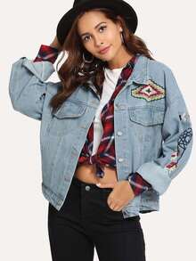 Graphic Embroidered Pocket Front Denim Jacket