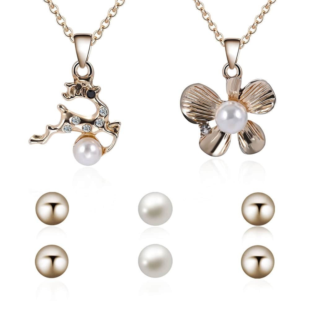

Pearl Deer Pendant Necklace 2pcs & Earrings 3pairs