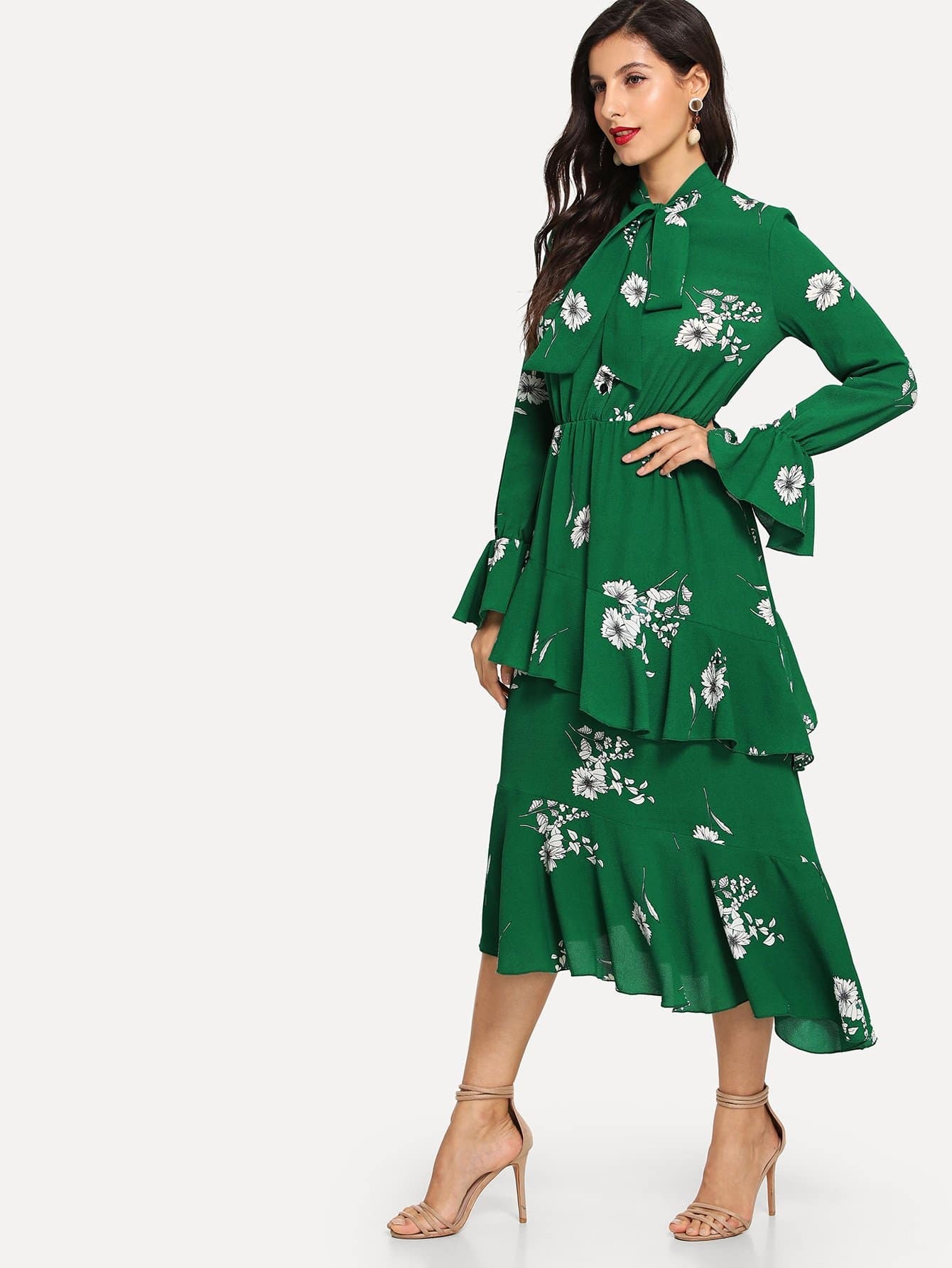 tie neck flounce sleeve layered floral dress -shein(sheinside)