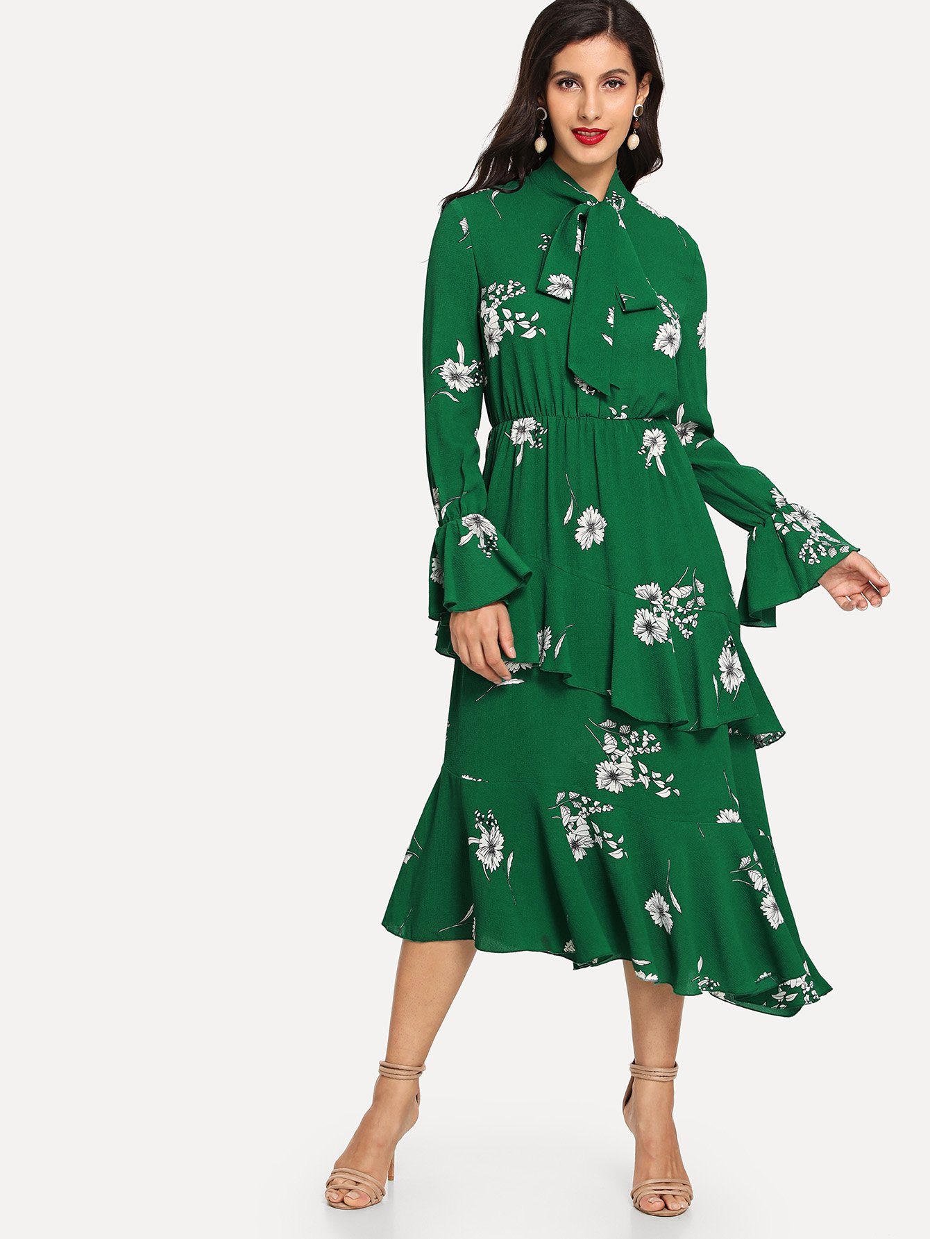 tie neck flounce sleeve layered floral dress -shein(sheinside)