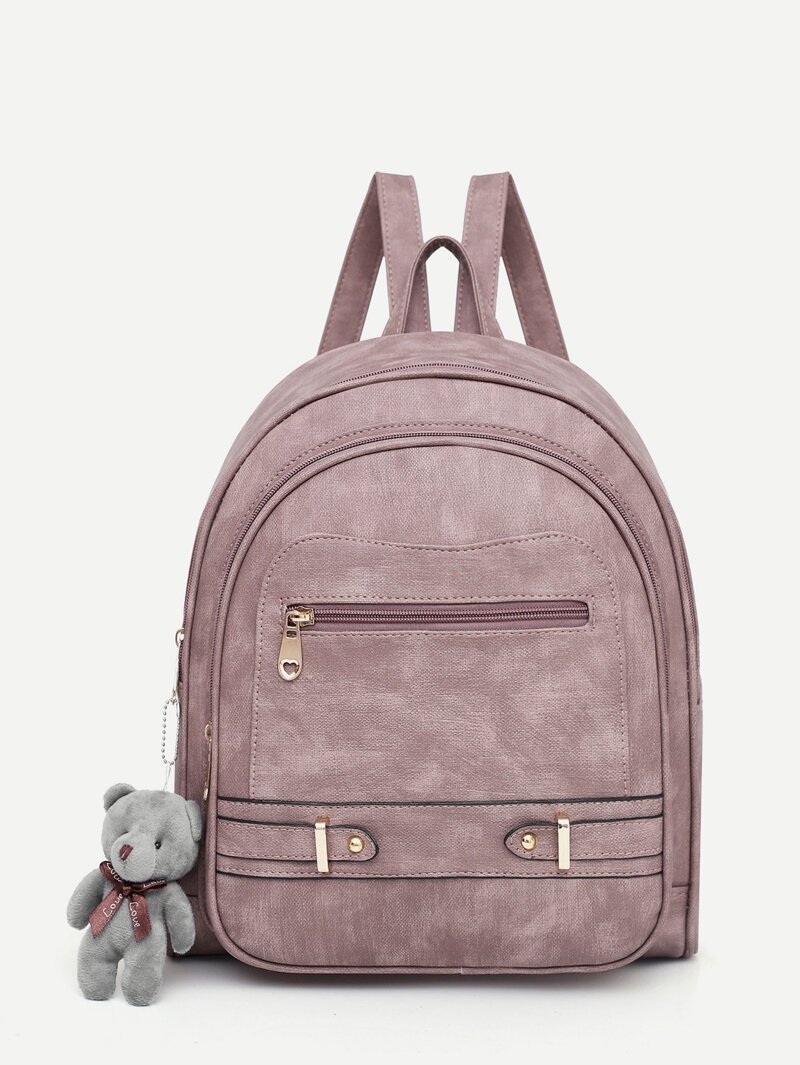 

PU Bear Charm Backpack, Pink