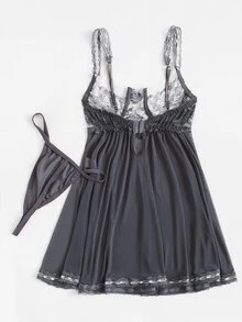 Contrast Lace Slips Set - Dark Grey - View 2