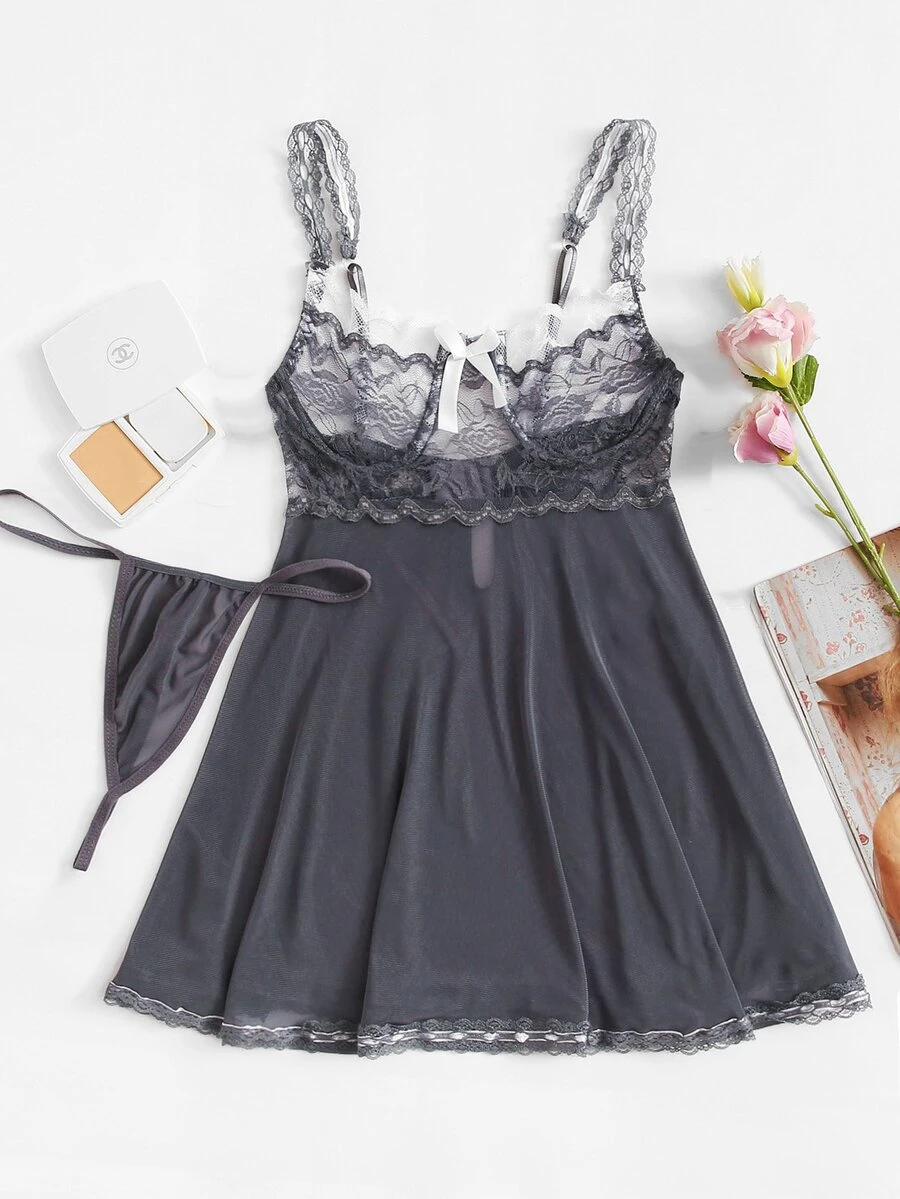 Contrast Lace Slips Set - Dark Grey - View 1
