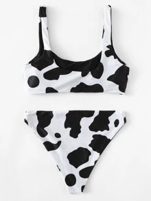 Cow Print Bikini Set Tank Top & High Cut Bottom 2 Pieces Bikini Summer Beach - Black and White - View 2