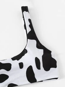 Cow Print Bikini Set Tank Top & High Cut Bottom 2 Pieces Bikini Summer Beach - Black and White - View 5