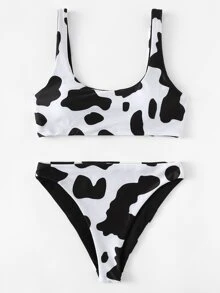 Cow Print Bikini Set Tank Top & High Cut Bottom 2 Pieces Bikini Summer Beach - Black and White - View 4