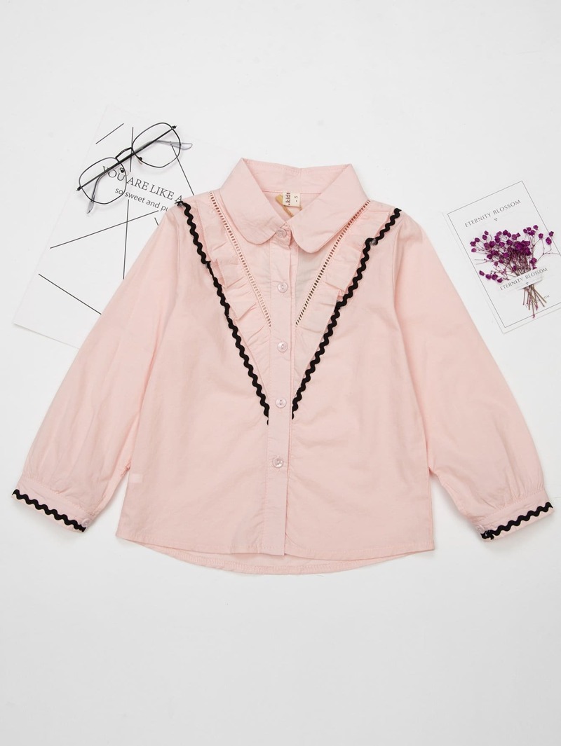 

Girls Frill Trim Lace Panel Shirt, Pink