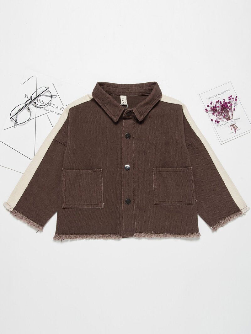 

Boys Contrast Panel Frayed Edge Jacket, Coffee