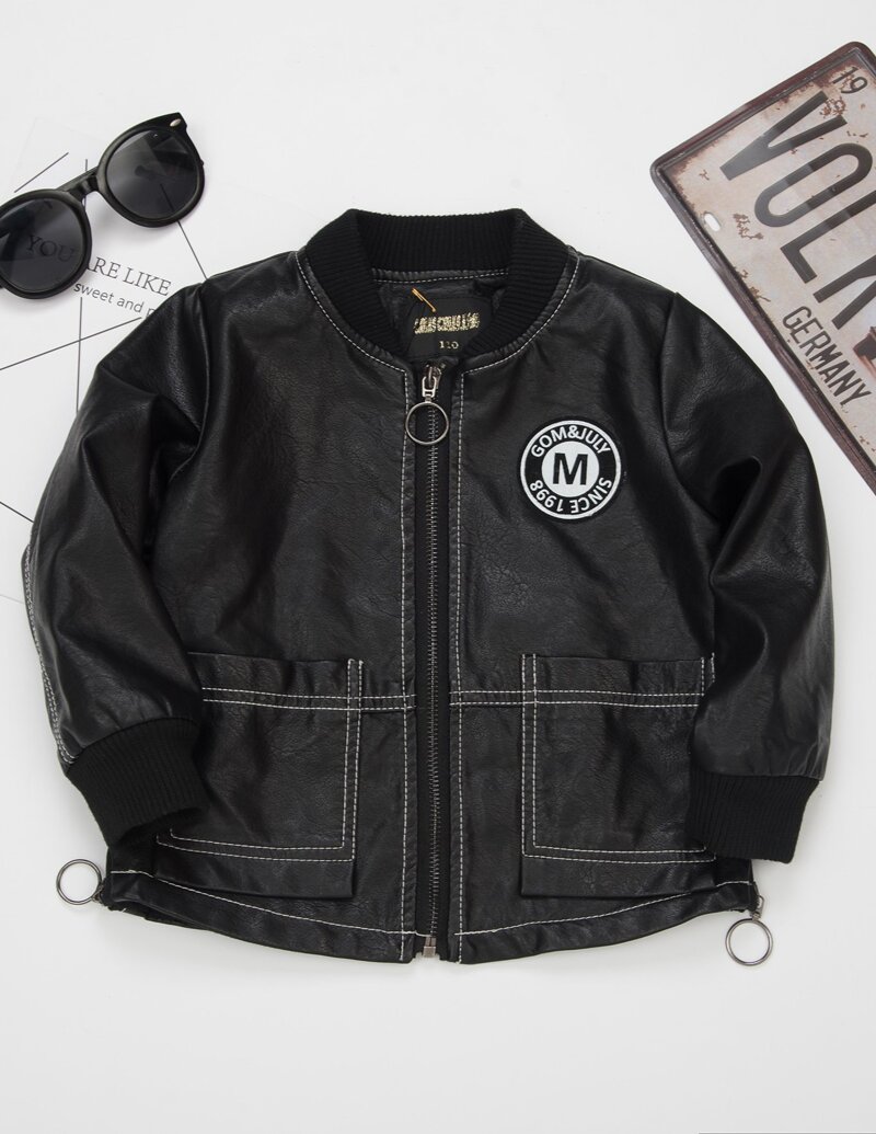 

Girls Contrast Stitching Zip Side PU Jacket, Black