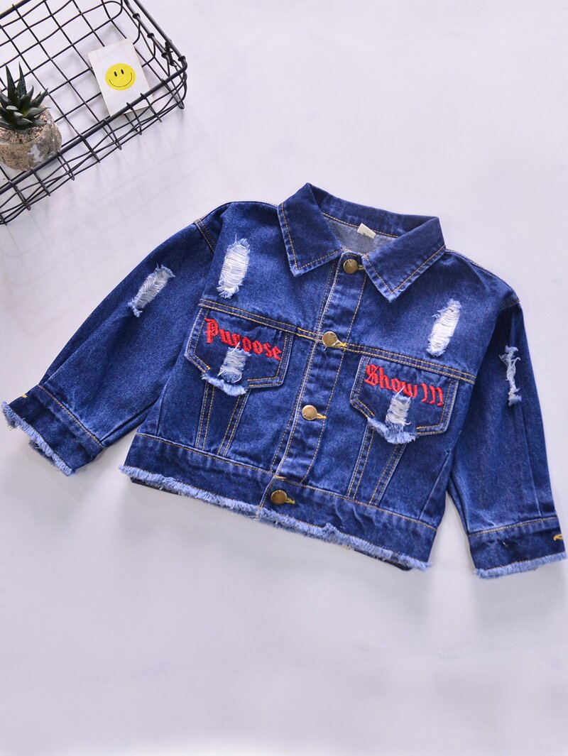 

Girls Letter Embroidered Raw Edge Denim Jacket, Blue