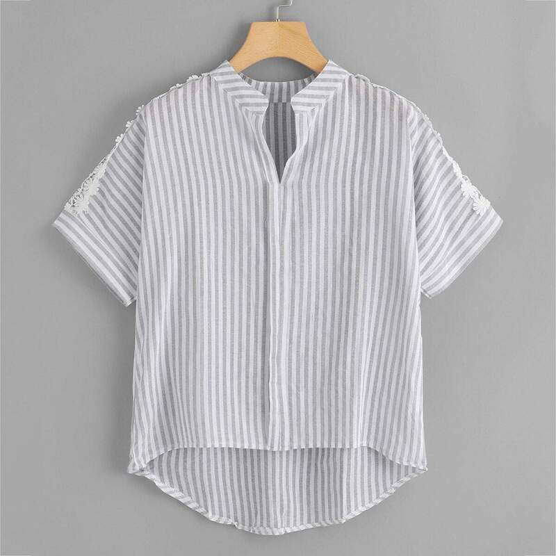 

Lace Panel Striped Blouse, Grey