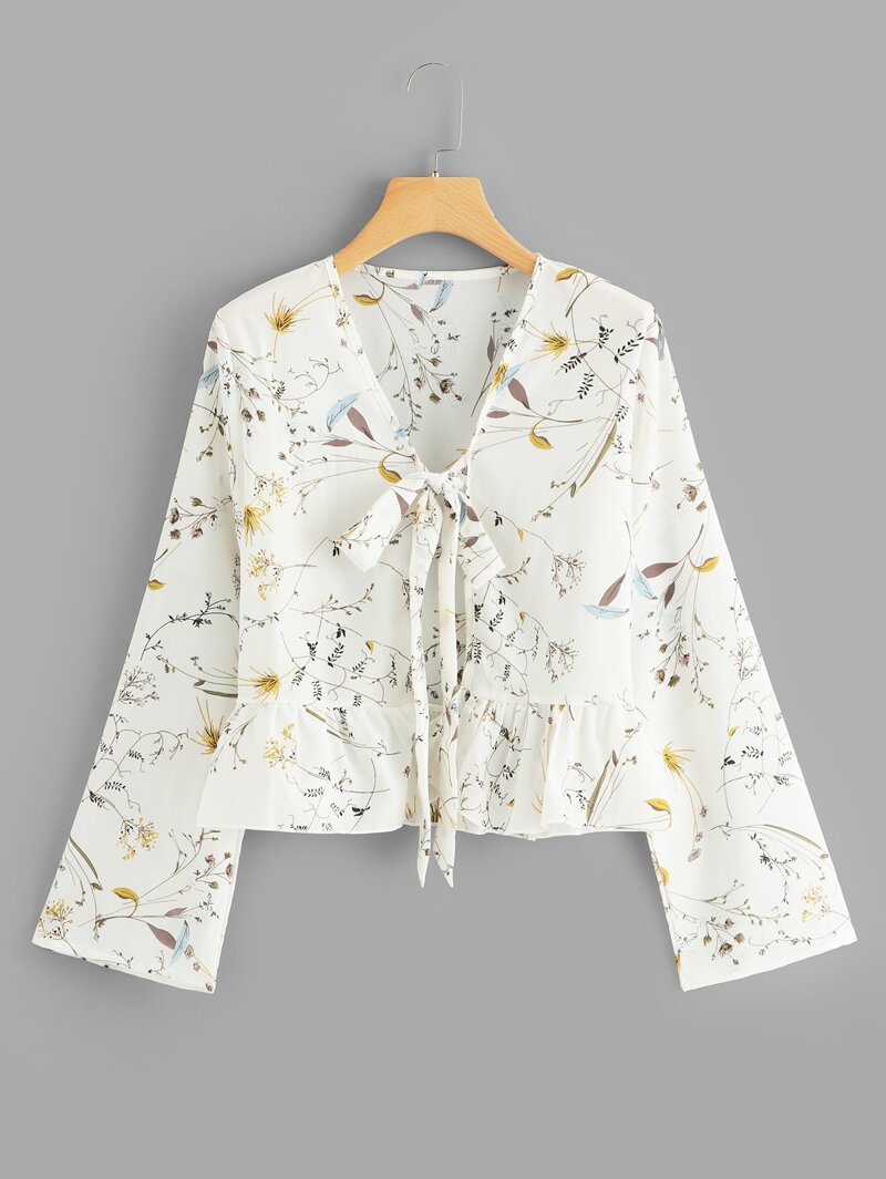 

Tie Neck Ruffle Hem Floral Blouse, Beige