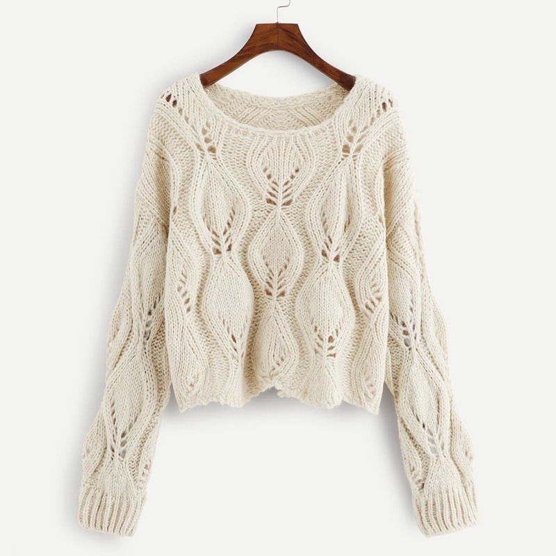 

Solid Hollow Out Sweater, Beige