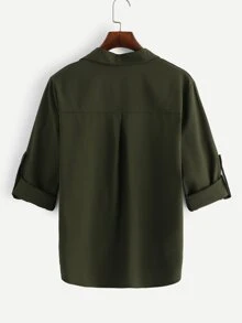 軍綠色休閒口袋簡約襯衫 - 軍綠色 - 查看 2