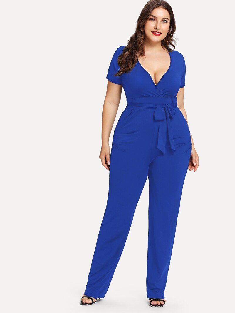 

Plus Belted Deep V Neck Jumpsuit, Blue