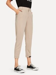 SHEIN Privé 卡其色優雅簡約長褲 - 卡其色 - 查看 3