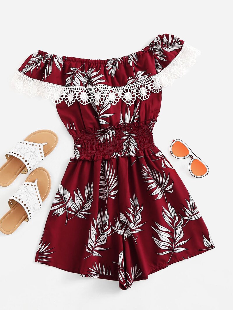 

Off Shoulder Plant Print Jumpsuit, Red