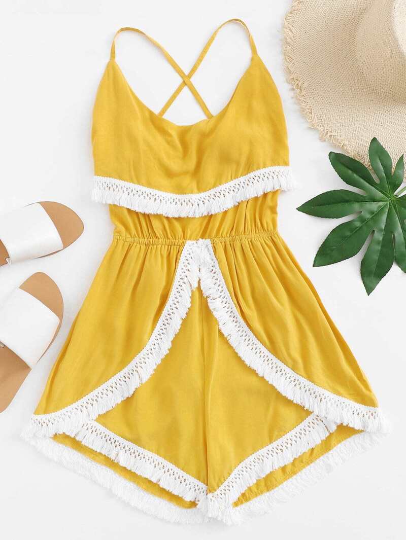 

Criss Cross Back Fringe Jumpsuit, Yellow