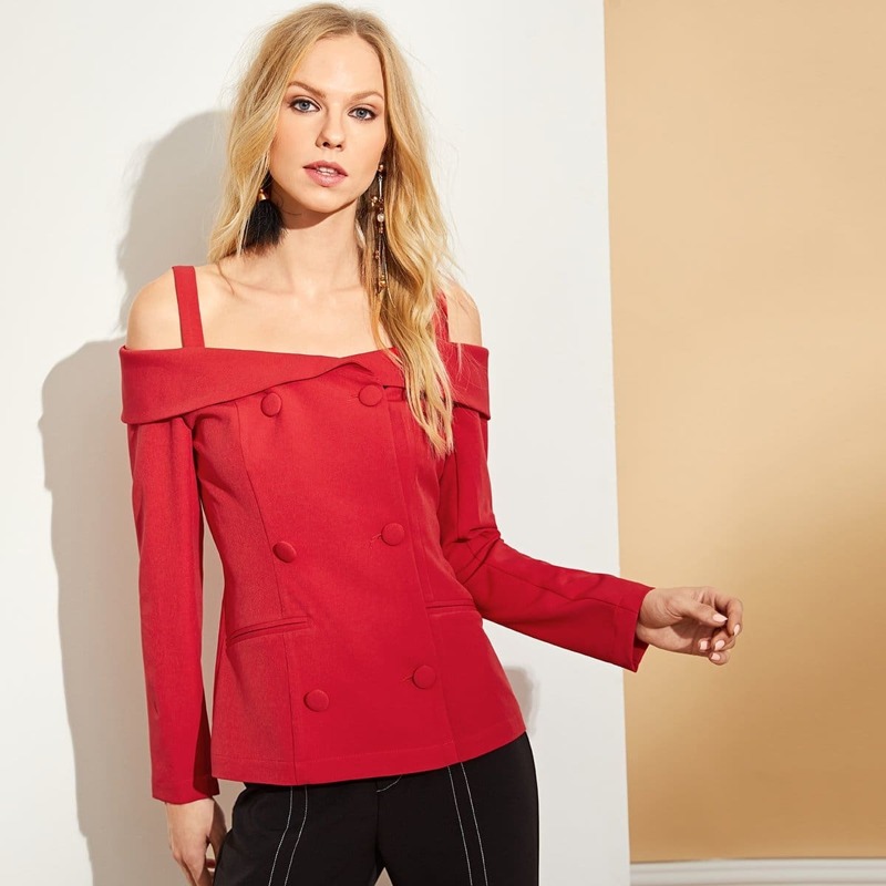 

Cold Shoulder Double Breasted Blazer, Red