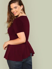SHEIN เสื้อเบลาส์ Plus Size นัวเนียเหม เรียบง่าย เบอร์กันดี สง่างาม - สีไวท์แดงหม่น/สีเบอร์กันดี - ดู 2