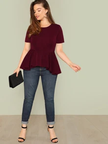 SHEIN เสื้อเบลาส์ Plus Size นัวเนียเหม เรียบง่าย เบอร์กันดี สง่างาม - สีไวท์แดงหม่น/สีเบอร์กันดี - ดู 5