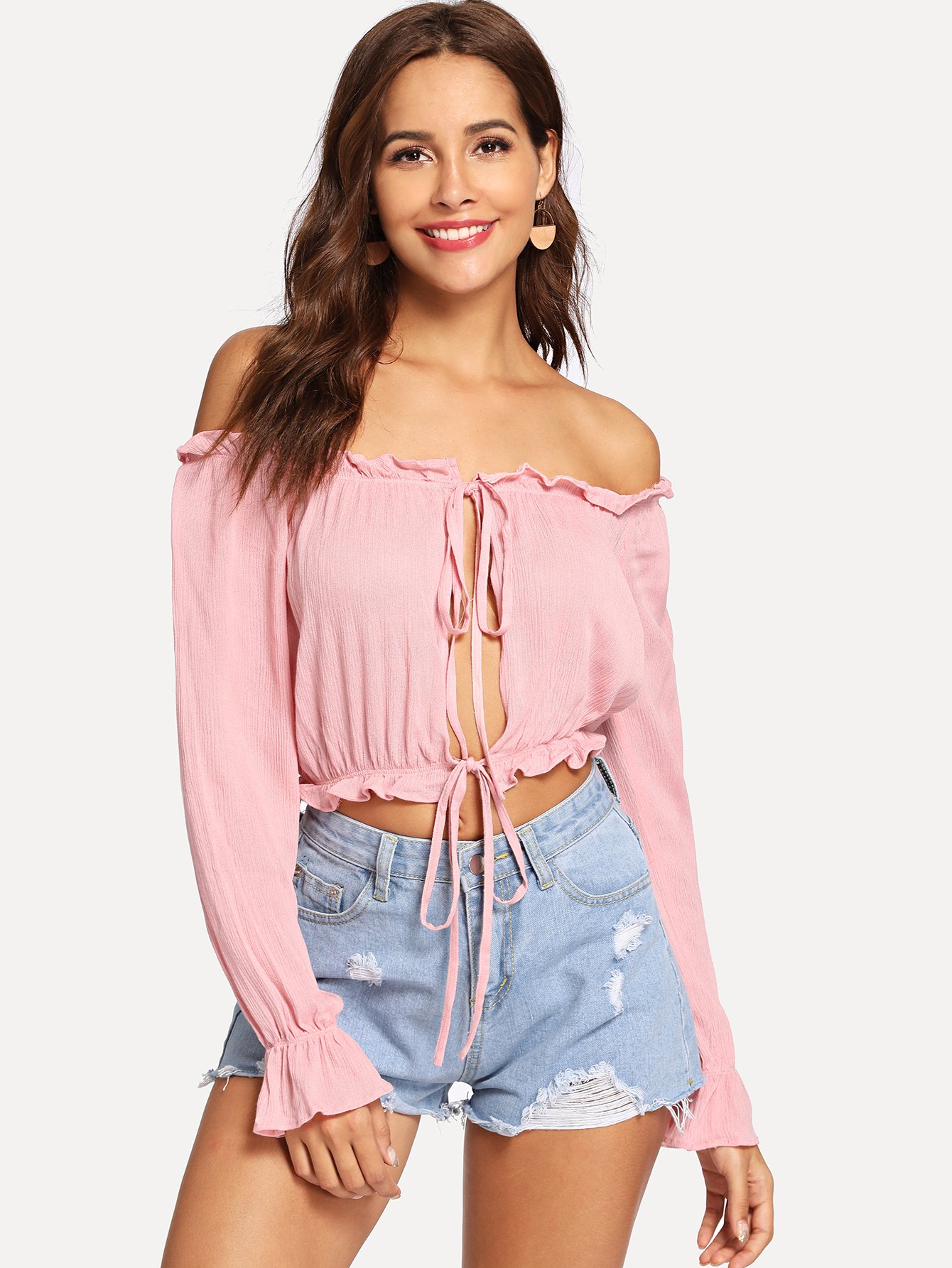 tied open front frilled off shoulder top