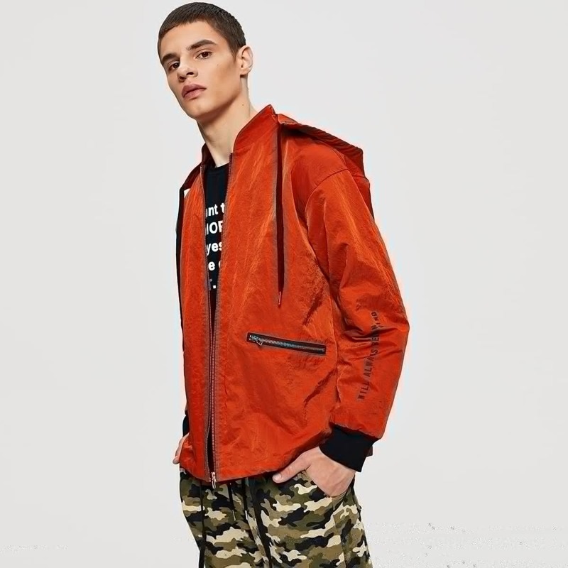 

Guys Letter Print Zip Detail Drawstring Hooded Jacket, Orange