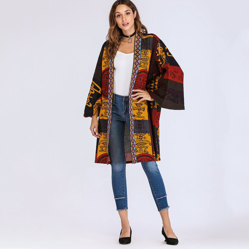 

Graphic Print Open Front Coat, Multicolor