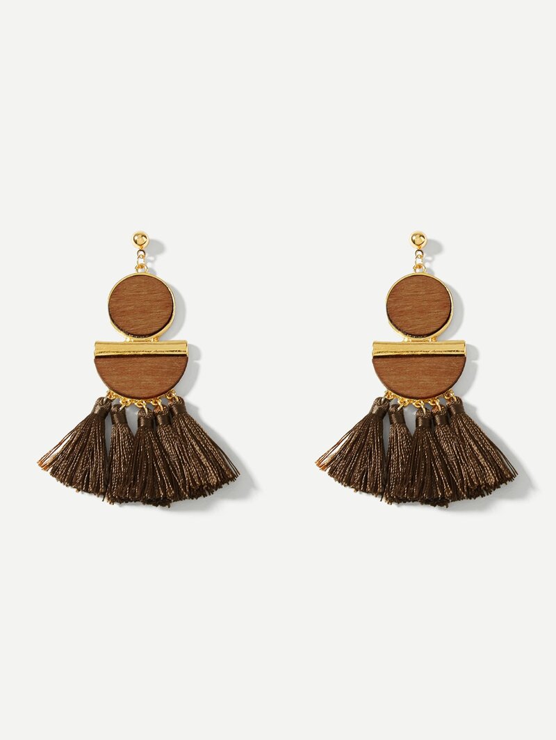 

Round & Half Tassel Drop Earrings, Camel