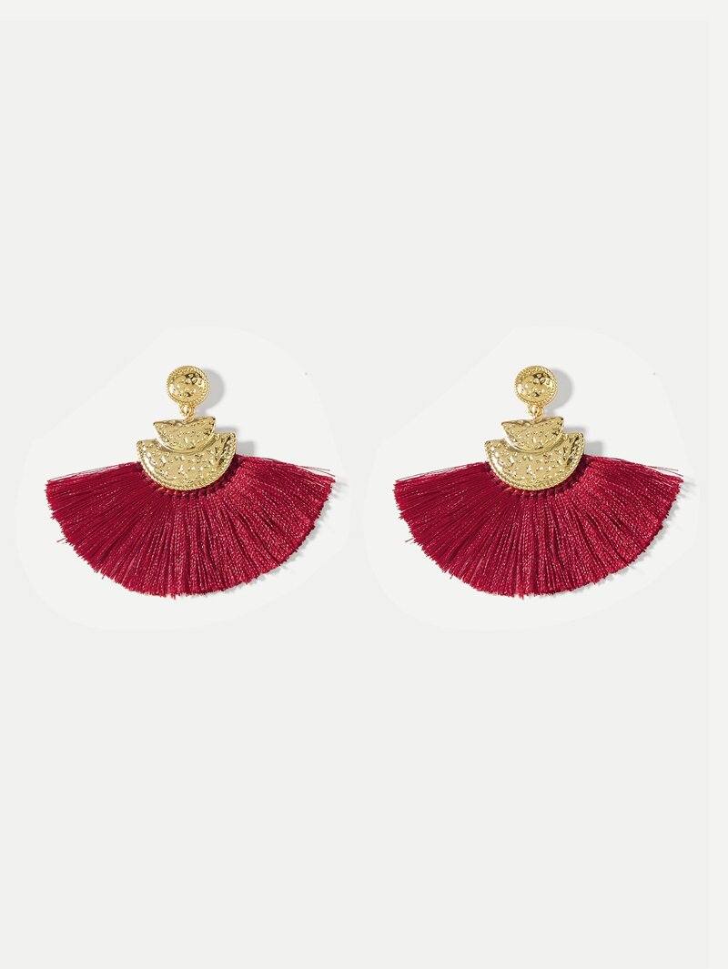 

Fan Shaped Tassel Drop Earrings, Red