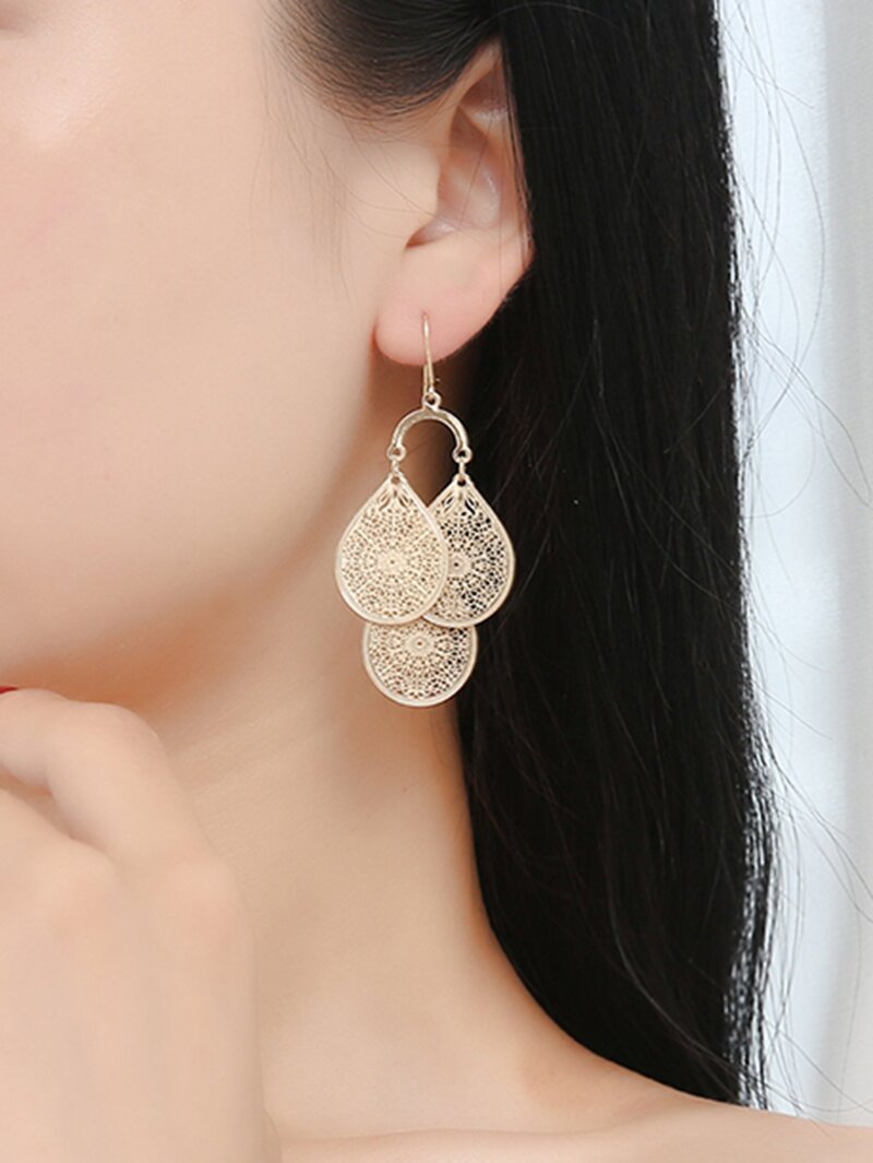 

Hollow Waterdrop Disc Drop Earrings, Gold