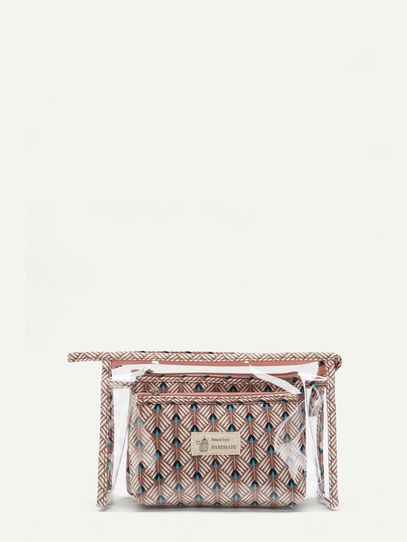 

Feather Print Makeup Bag 3pcs, Pink