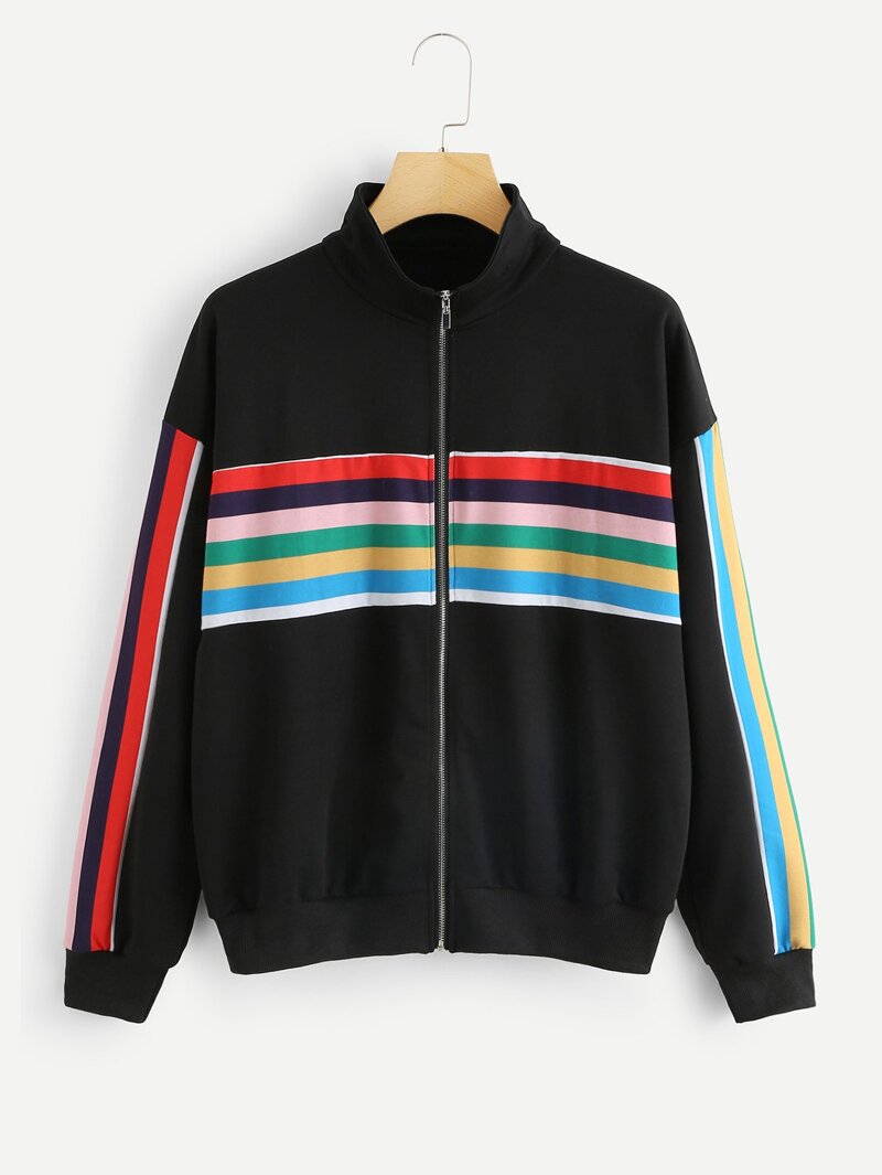 

Colorful Striped Print Jacket, Black