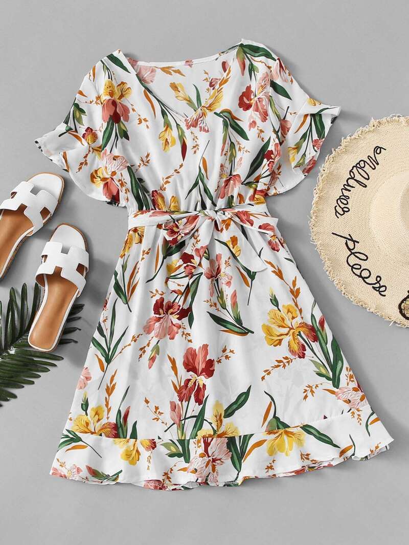 

Tie Waist Ruffle Hem Floral Dress, Multicolor