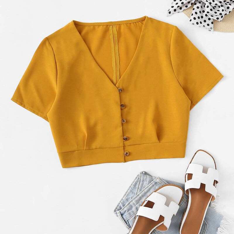 

Single Breasted Solid Crop Top, Yellow