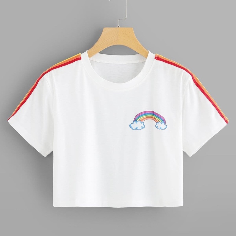 

Rainbow Print Striped Crop Tee, White