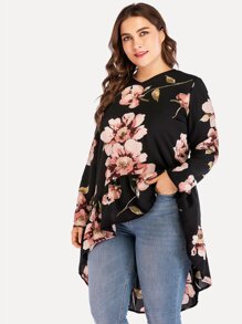 Plus Floral Print Dip Hem Blouse