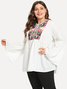 Plus Embroidery Detail Flounce Sleeve Blouse