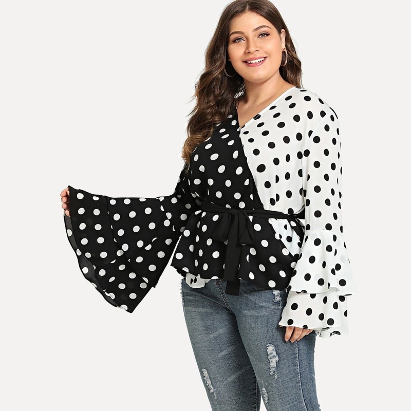 

Plus Polka Dot Self Tie Blouse, Black and white
