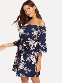 Floral Print Off The Shoulder Belted Dress