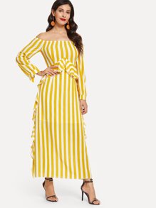 Striped Ruffle Trim Off The Shoulder Dress